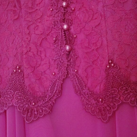 Zacks Sz 13-14 Fuschia 2 Piece Dress Vintage 80s Skirt Jacket Suit Lace & Pearls - Picture 10 of 11